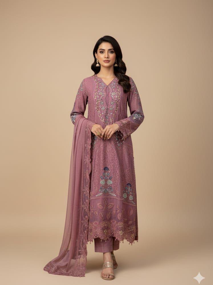 Chiffon Embroidered Cutwork Suit