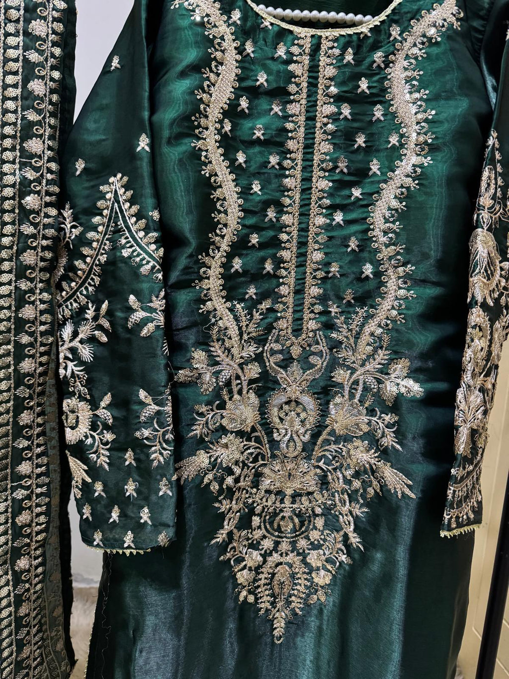 Sheesha Silk Suit in Dark Green