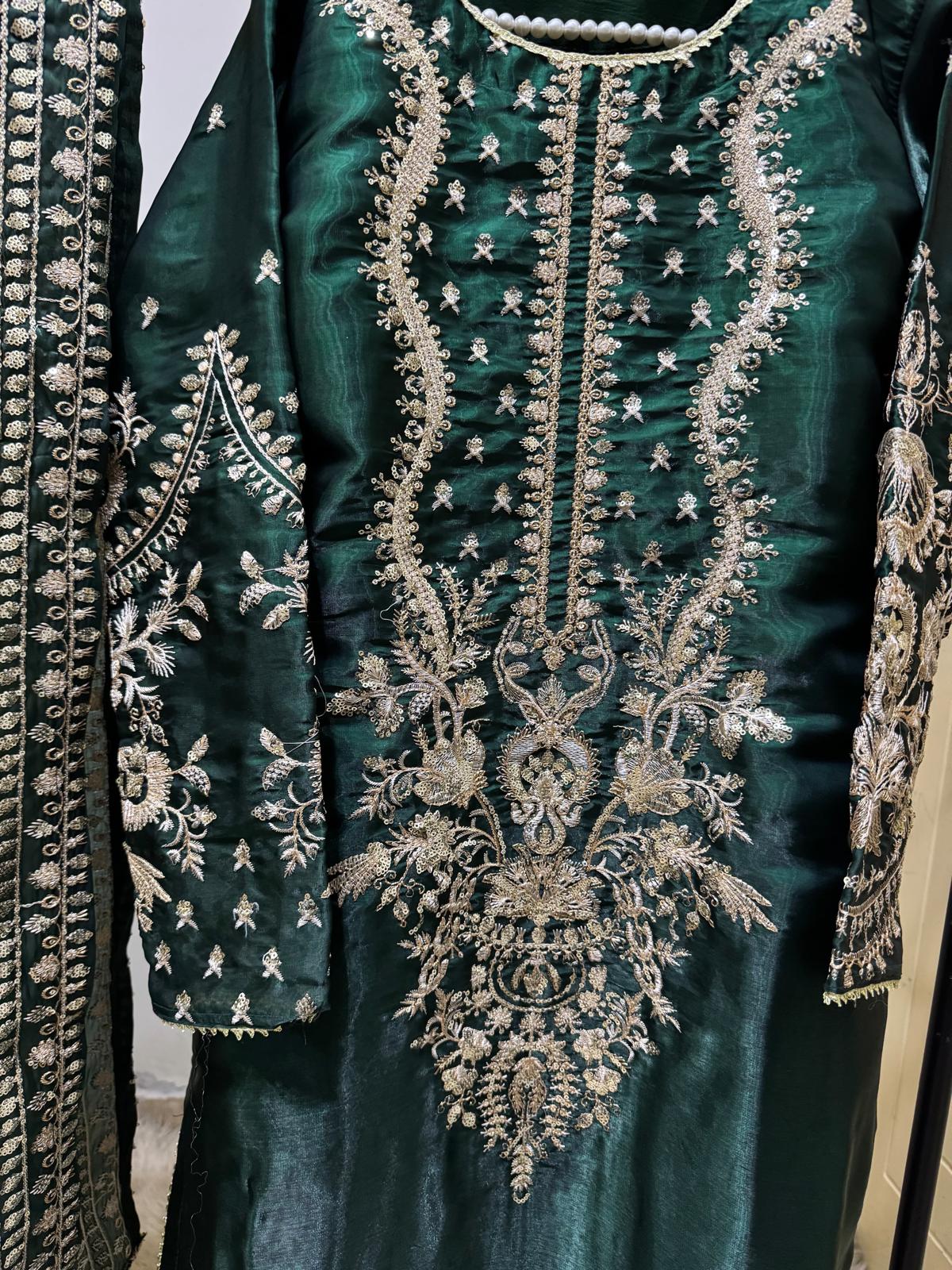 Sheesha Silk Suit in Dark Green