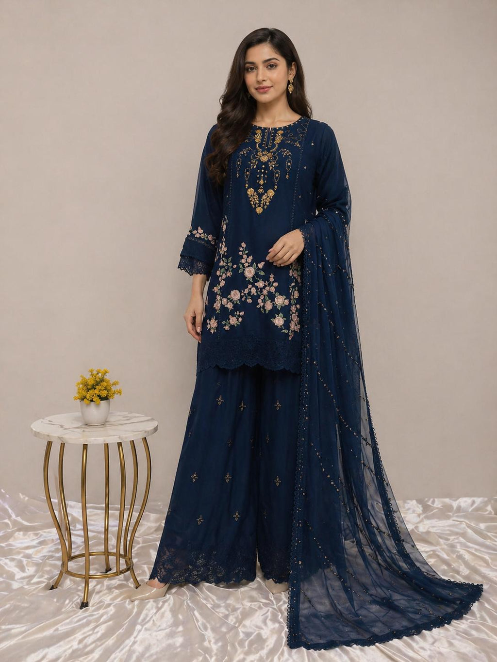 Embroidered Chiffon Suit with Palazzo