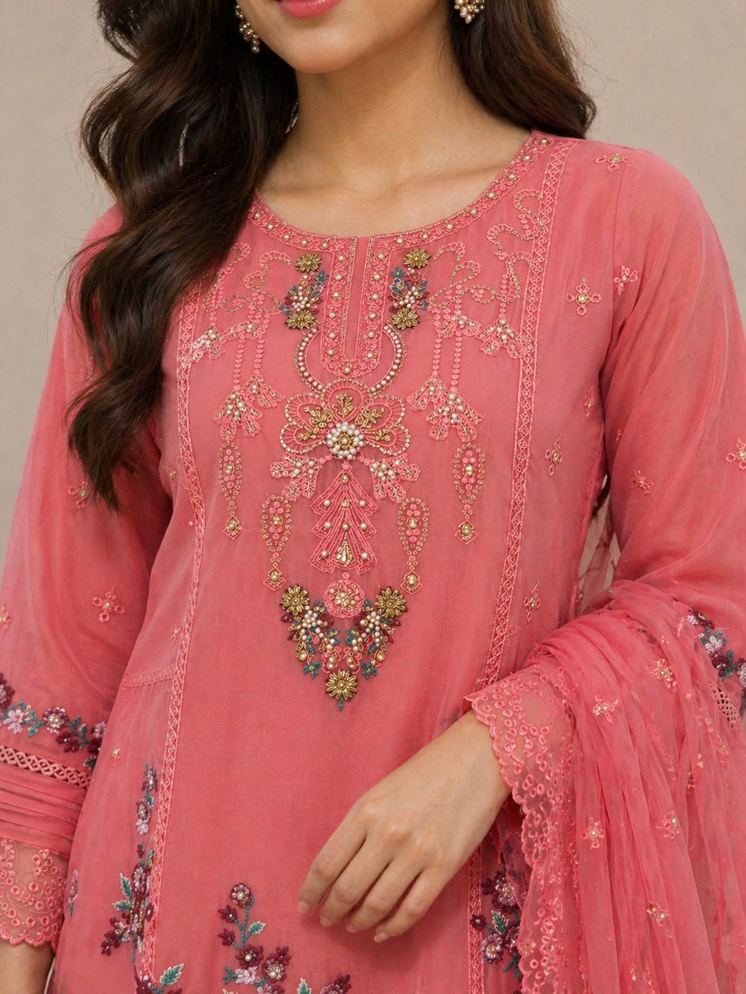 Embroidered Chiffon Suit with Palazzo