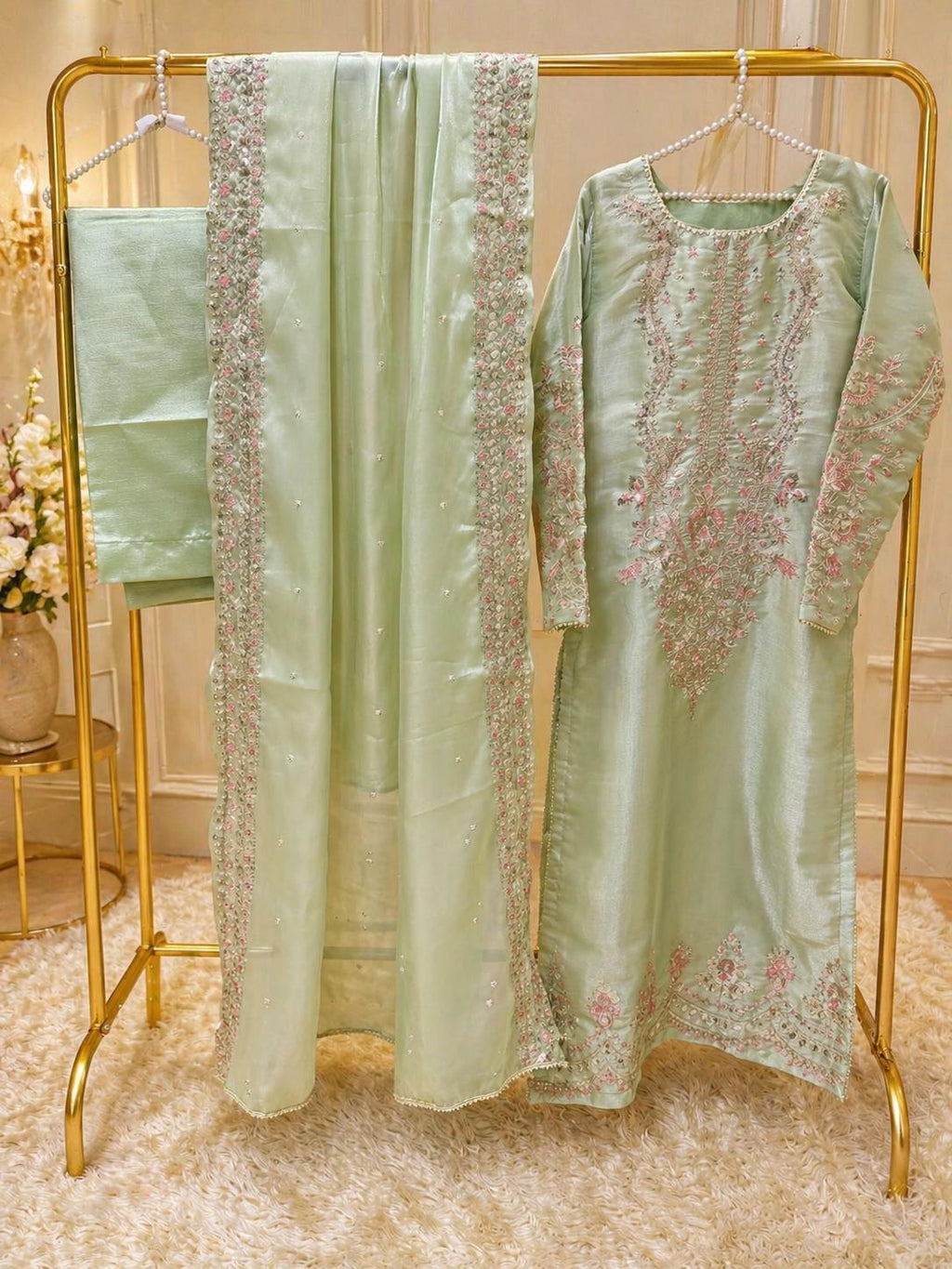 Sheesha Silk Suit in Light Green