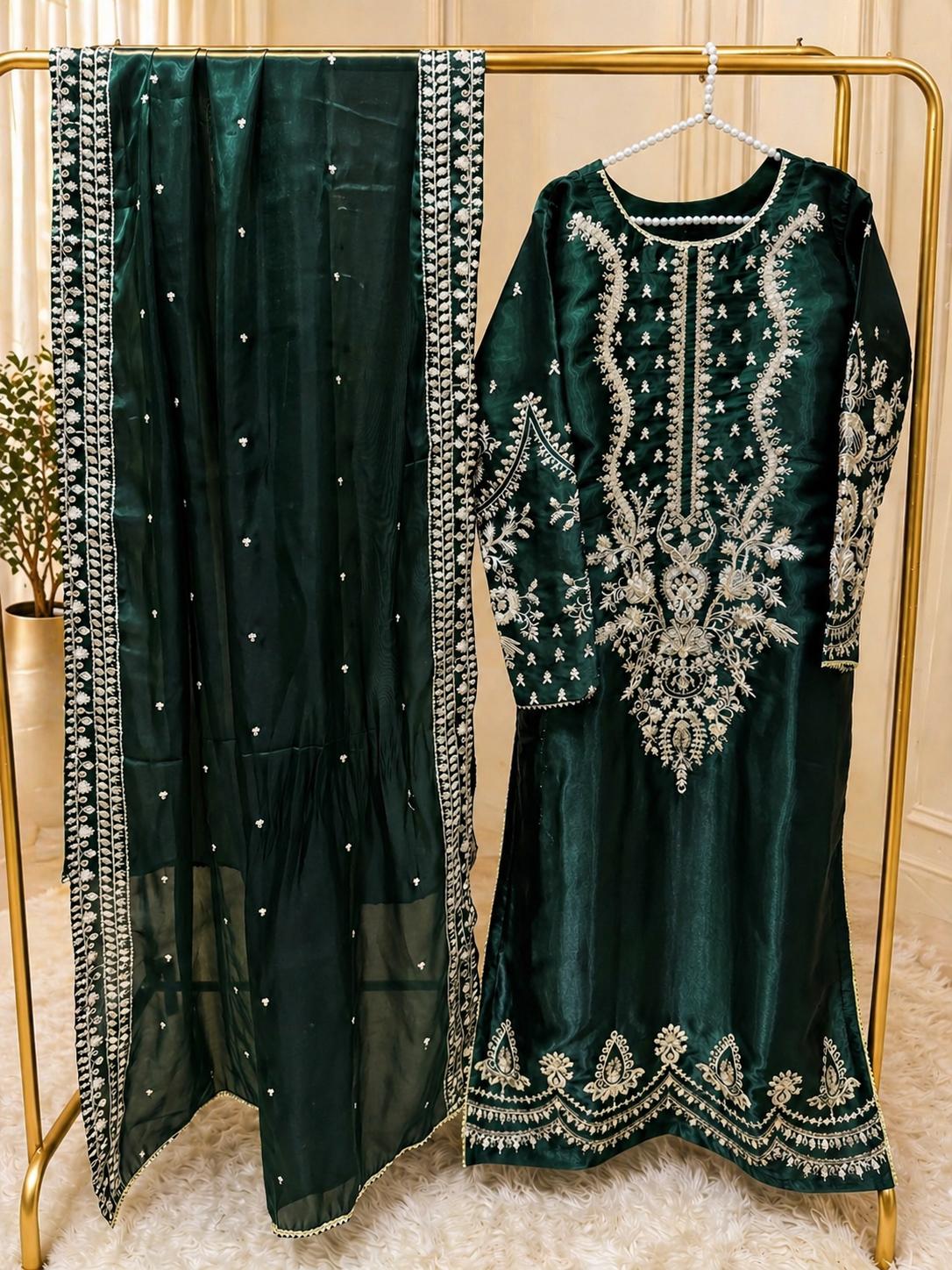 Sheesha Silk Suit in Dark Green