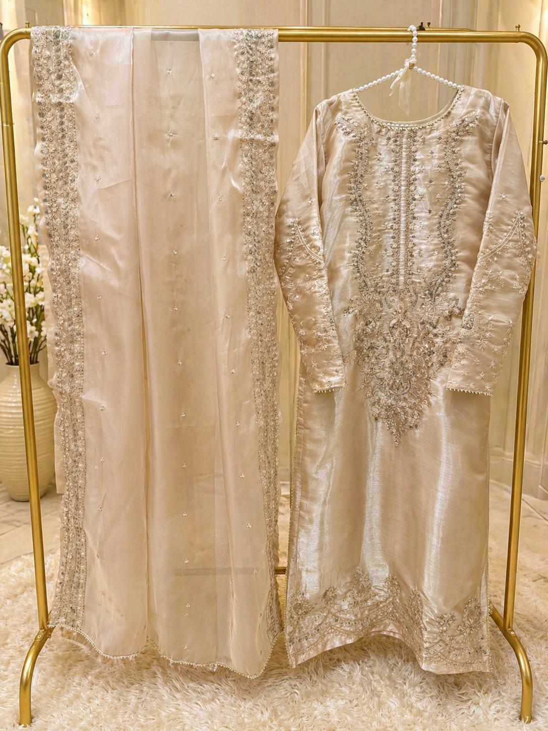 Sheesha Silk Suit in Beige