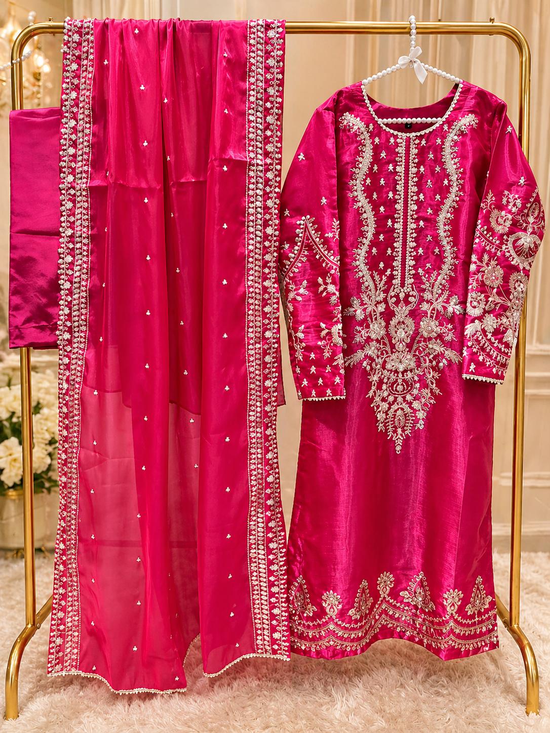 Sheesha Silk Suit in Pink