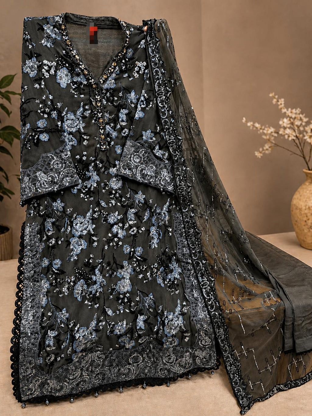 Chiffon Embellished Suit