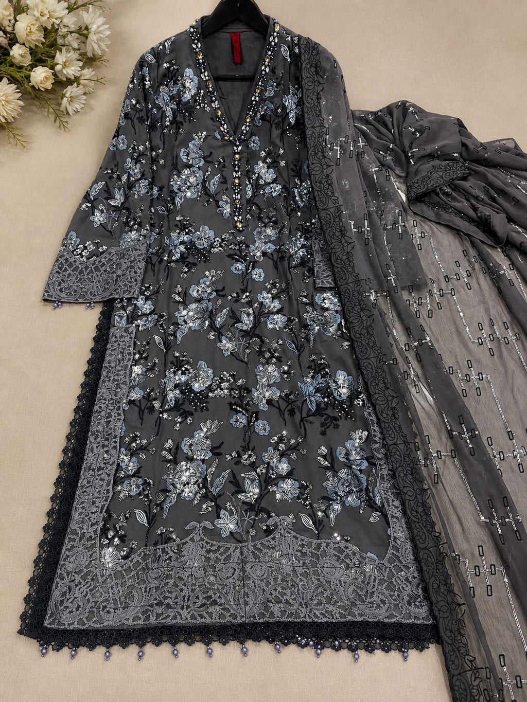 Chiffon Embellished Suit