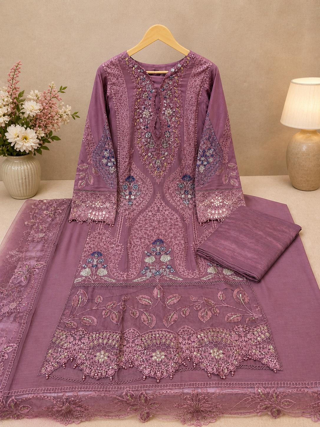 Chiffon Embroidered Cutwork Suit