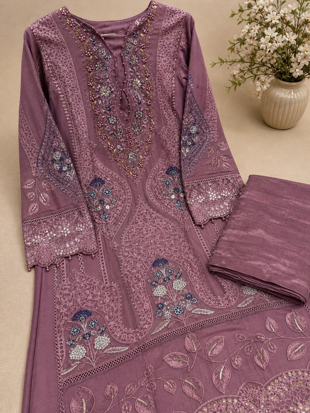 Chiffon Embroidered Cutwork Suit