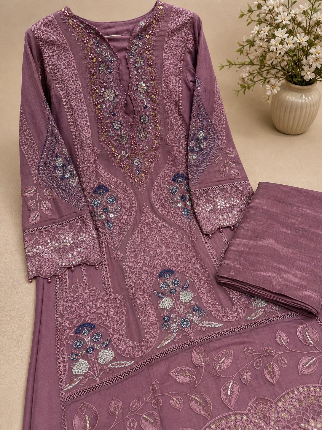 Chiffon Embroidered Cutwork Suit